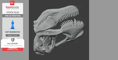 T-Rex skull 3D model with detailed teeth and structure for 3D printing, shown in profile view.