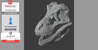 3D model of a detailed T-Rex skull, ideal for printing, displayed on a dark background.