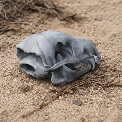 3D-printed replica of a Takin skull on sandy ground.