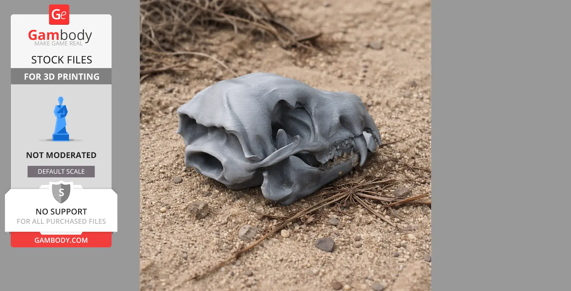 3D-printed Takin skull model on sandy ground, showcasing detailed bone structure and textures.
