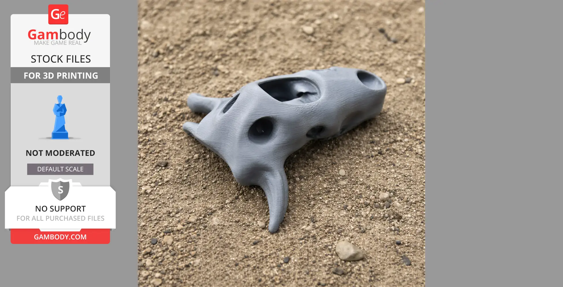 Gray 3D-printed Taniwhasaurus skull replica on a sandy surface.