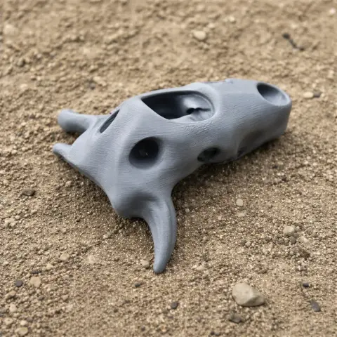 Gray Taniwhasaurus skull replica 3D print, displayed on a sandy surface.
