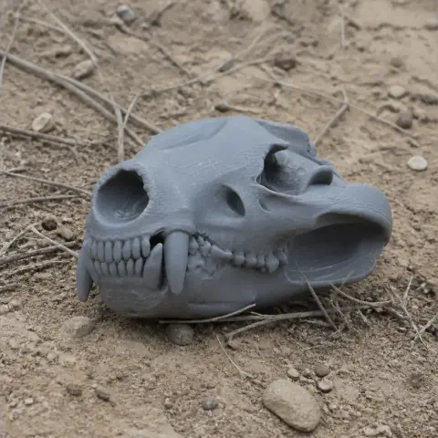 A 3D-printed Tasmanian Devil skull replica resting on a sandy surface.