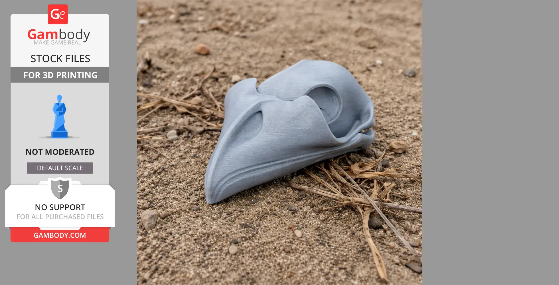A 3D printed gray replica of a Tawny Frogmouth skull resting on a sandy ground with small rocks.