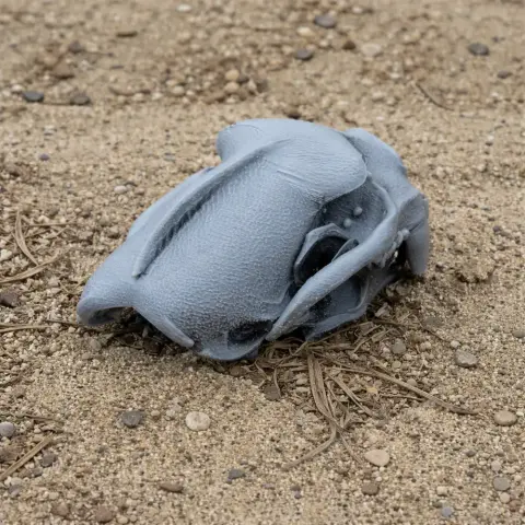 3D printed Tayra skull replica on sandy ground.