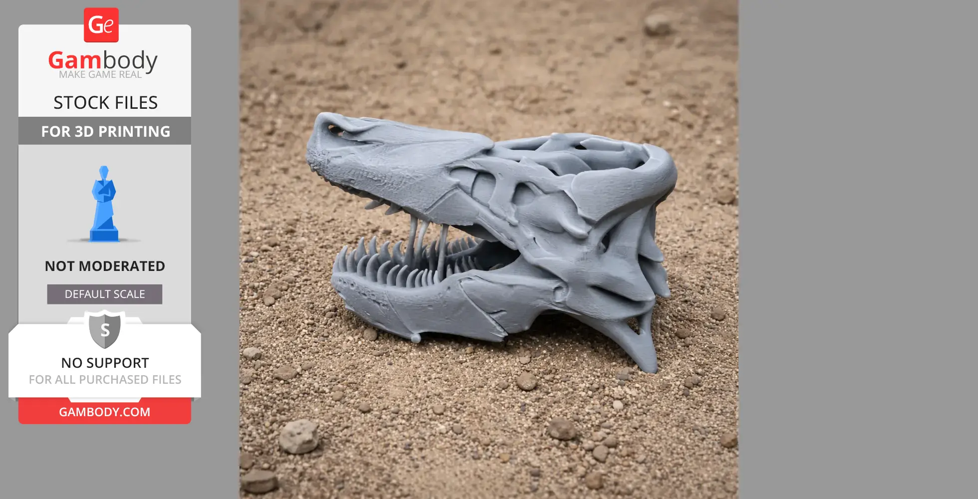 3D printed Tehuelchesaurus skull replica, displayed on sandy ground, detailed bone structure.