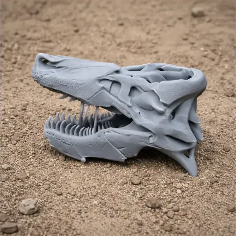 3D-printed Tehuelchesaurus skull replica on a sandy surface.