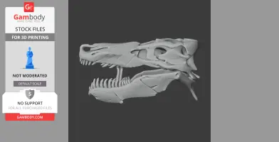 3D model of a Tehuelchesaurus skull, side view, showing detailed bone structure and teeth.
