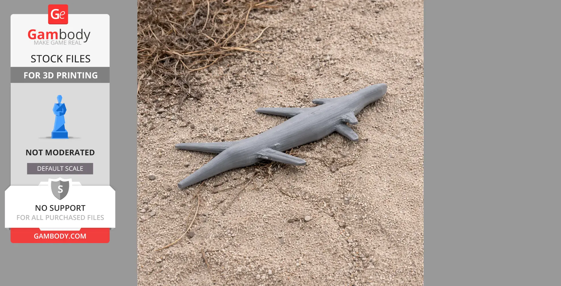 3D-printed Temnodontosaurus body model on textured ground.