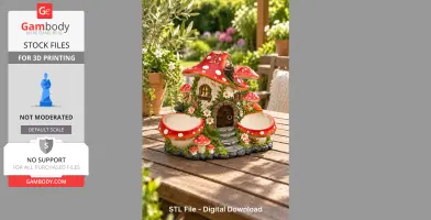 Whimsical mushroom house organizer with red roofs and floral decor on a wooden table, ideal for 3D printing.