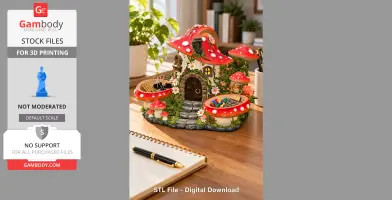 A whimsical mushroom house organizer with red caps, used for storing office supplies.