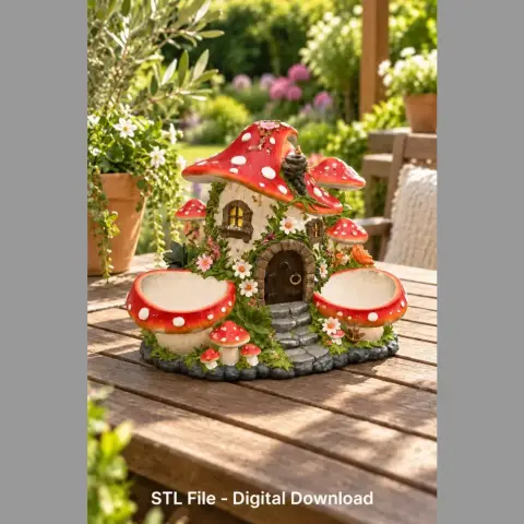 Whimsical mushroom-shaped house organizer with red roofs and white flowers, designed for 3D printing.