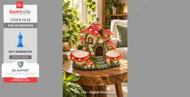 A detailed whimsical mushroom house with red caps, windows, and doors, set on a decorative table.