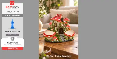 Whimsical mushroom house organizer with red caps, flowers, and a charming door on a wooden table.