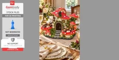 A whimsical mushroom house organizer with red caps, doors, and storage for chocolates on a decorative table.