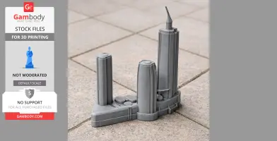 A 3D-printed model of futuristic skyscrapers on a triangular base, placed on a tiled surface.