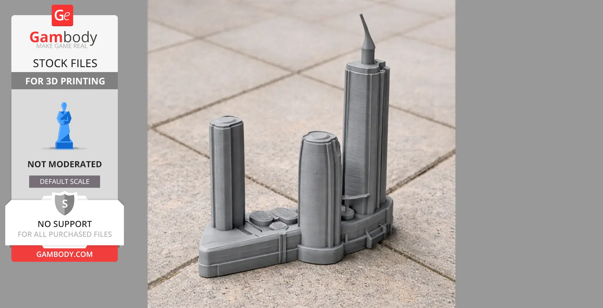 A 3D-printed model of futuristic skyscrapers on a triangular base, placed on a tiled surface.