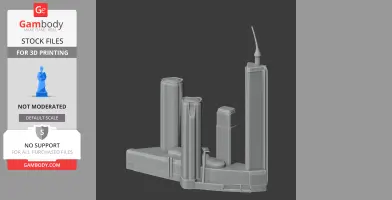 Futuristic skyscraper model with multiple towers and a spire, designed for 3D printing.