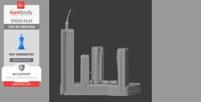 A 3D model of futuristic skyscraper towers with varied heights and designs on a platform.