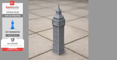 A detailed 3D-printed model of Big Ben on a tiled surface.