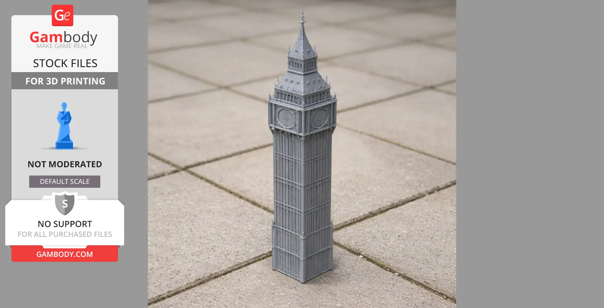 A detailed 3D-printed model of Big Ben on a tiled surface.