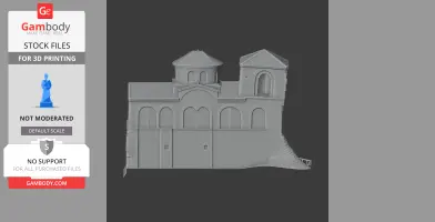 3D model of a fortress with arched windows and two round towers, suitable for 3D printing.