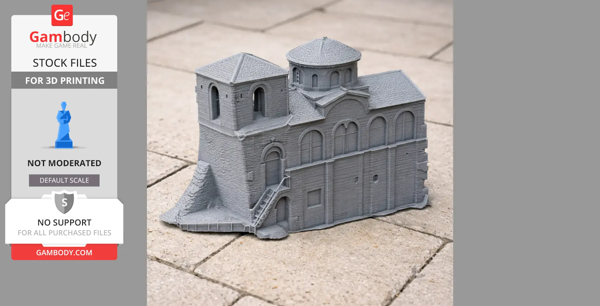 Gray 3D-printed model of a medieval fortress with towers and intricate architectural details.