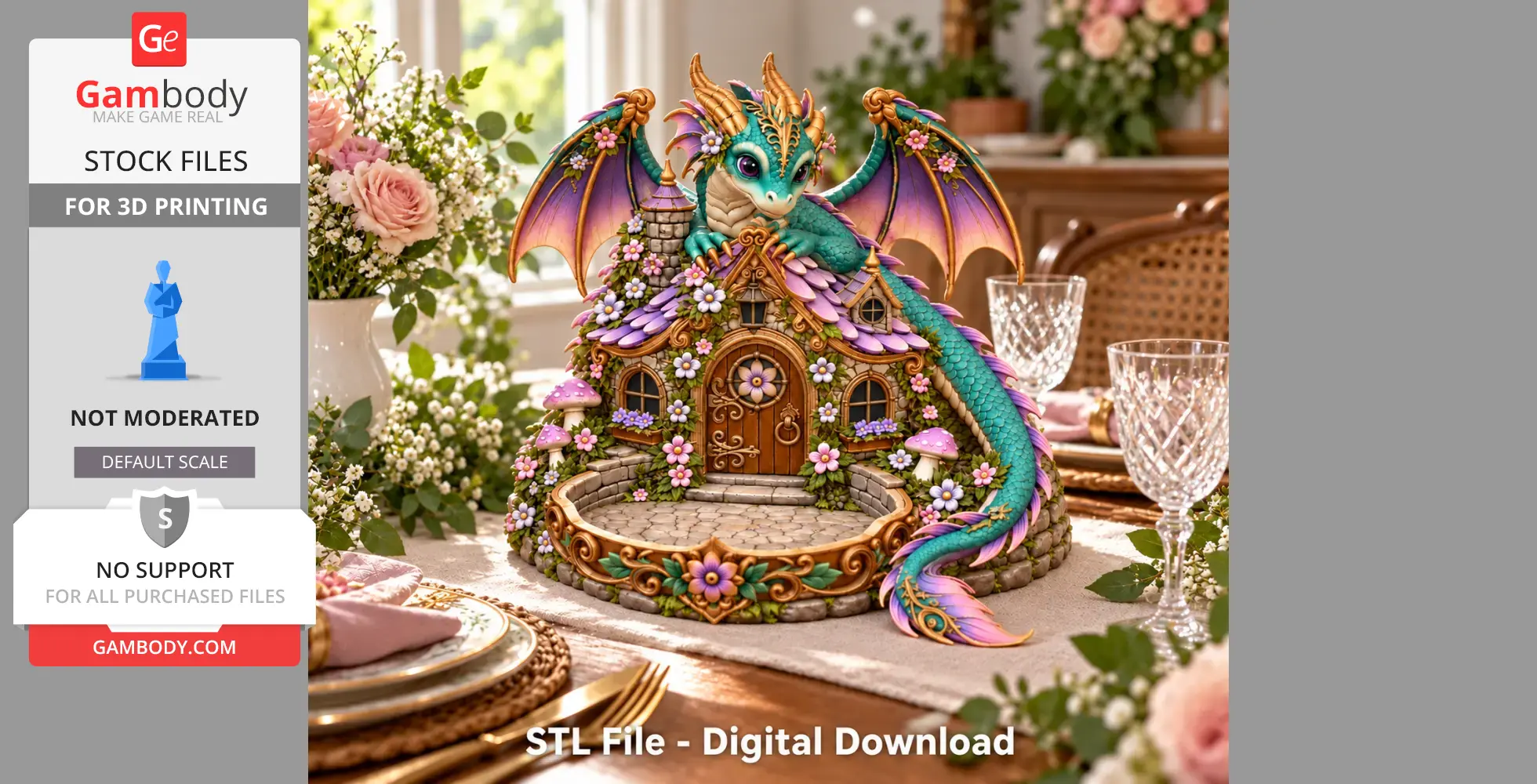 Turquoise dragon with colorful wings perched on a whimsical, floral-decorated house, designed as a key organizer.