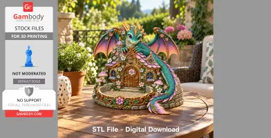 A whimsical turquoise dragon perched on a detailed, flower-adorned house, designed for 3D printing.