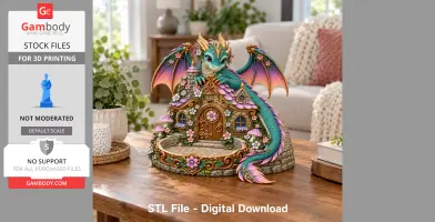 Turquoise dragon perched on a whimsical, flower-adorned house, designed for 3D printing.