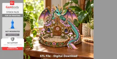 A colorful dragon perched on a whimsical, ornate cottage-shaped key organizer.