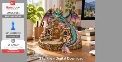 Turquoise dragon figure atop a whimsical house, adorned with flowers and mushrooms, for key organizing.