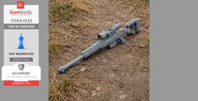 A detailed 3D-printed rifle prop on the ground, resembling a sniper weapon with scope and stock.