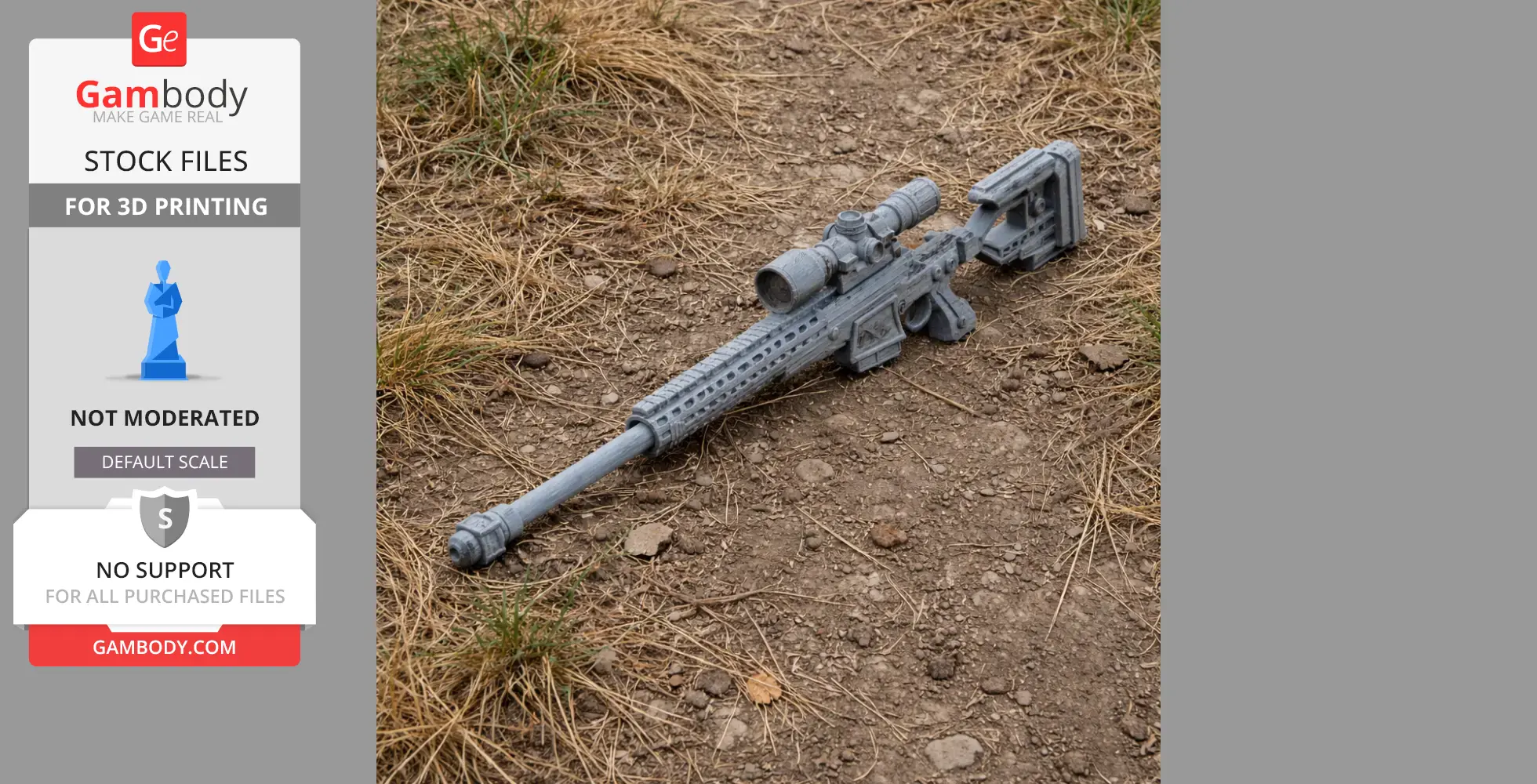 A detailed 3D-printed rifle prop on the ground, resembling a sniper weapon with scope and stock.