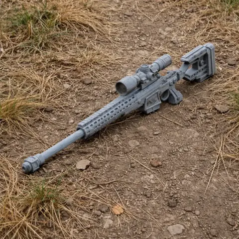 3D-printed, detailed sniper rifle prop on rocky ground, featuring scope and textured design.