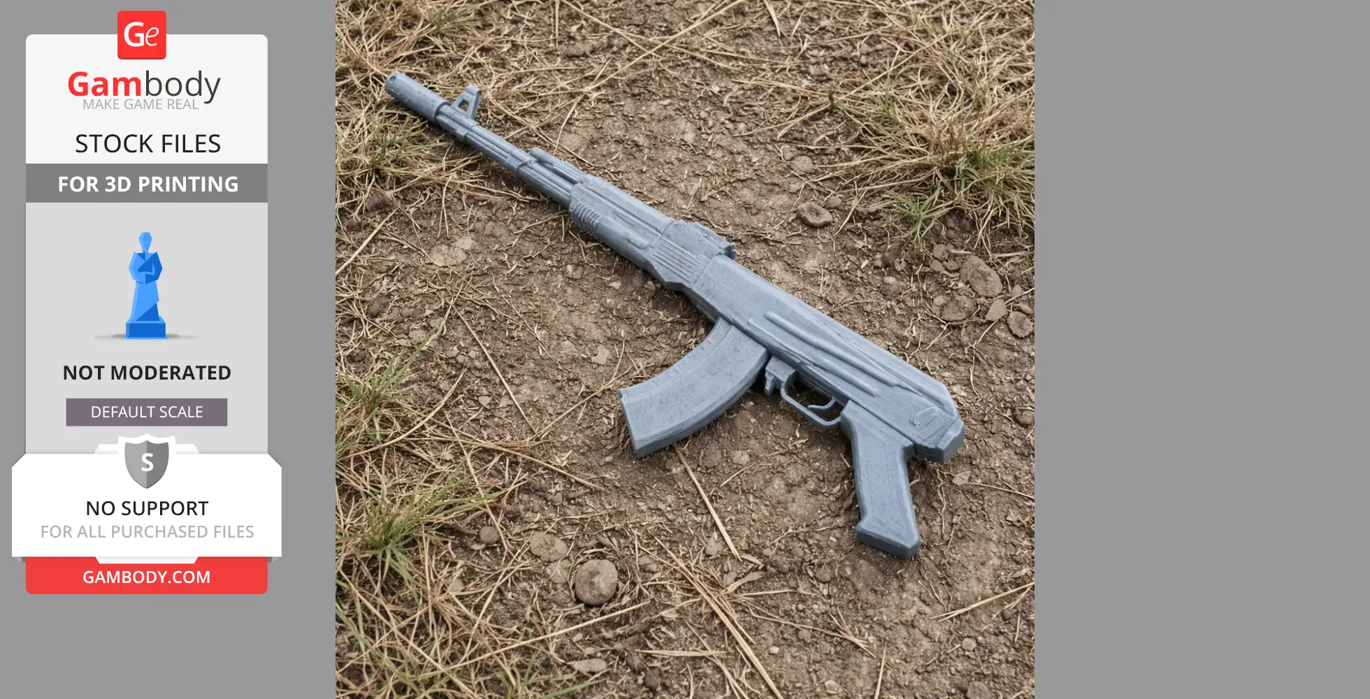 A 3D-printed AK-74M cosplay prop lies on rocky ground.