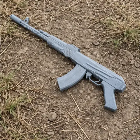 A 3D-printed AK-74M cosplay prop, gray, resting on dirt and grass.