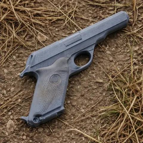 Detailed 3D-printed pistol prop on dry grass and soil background.