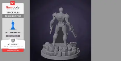 A detailed 3D model of a futuristic armored character with two guns, standing on a rocky base.
