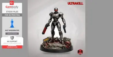 A robotic figure with guns stands on a rocky base with skulls, marked 'Ultrakill.'
