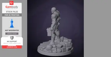 A 3D model of a futuristic armored character holding a box, standing on a rocky base.