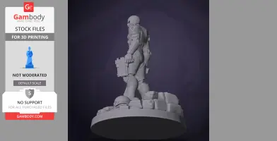3D model of armored character on rocky base with a futuristic weapon, ready for 3D printing.