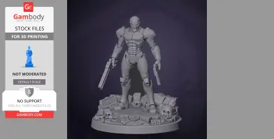 Armored figure holding guns, standing on a base with skulls and debris.