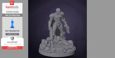 A robotic character figure with guns, standing on a detailed rocky base with skulls.