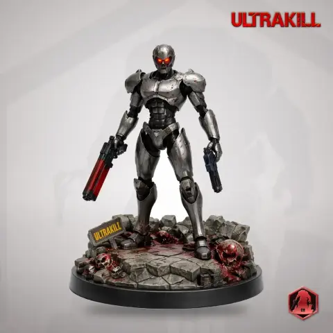 Robotic figure with dual guns stands on a rocky base with skulls, themed from the game 'Ultrakill'.