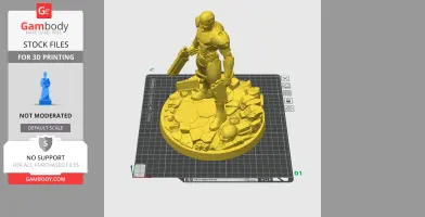 A 3D model of an armored character holding a weapon, standing on a rocky base with skulls.