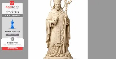 A detailed statue of a bishop holding a crozier and a book, wearing ornate robes and a mitre.