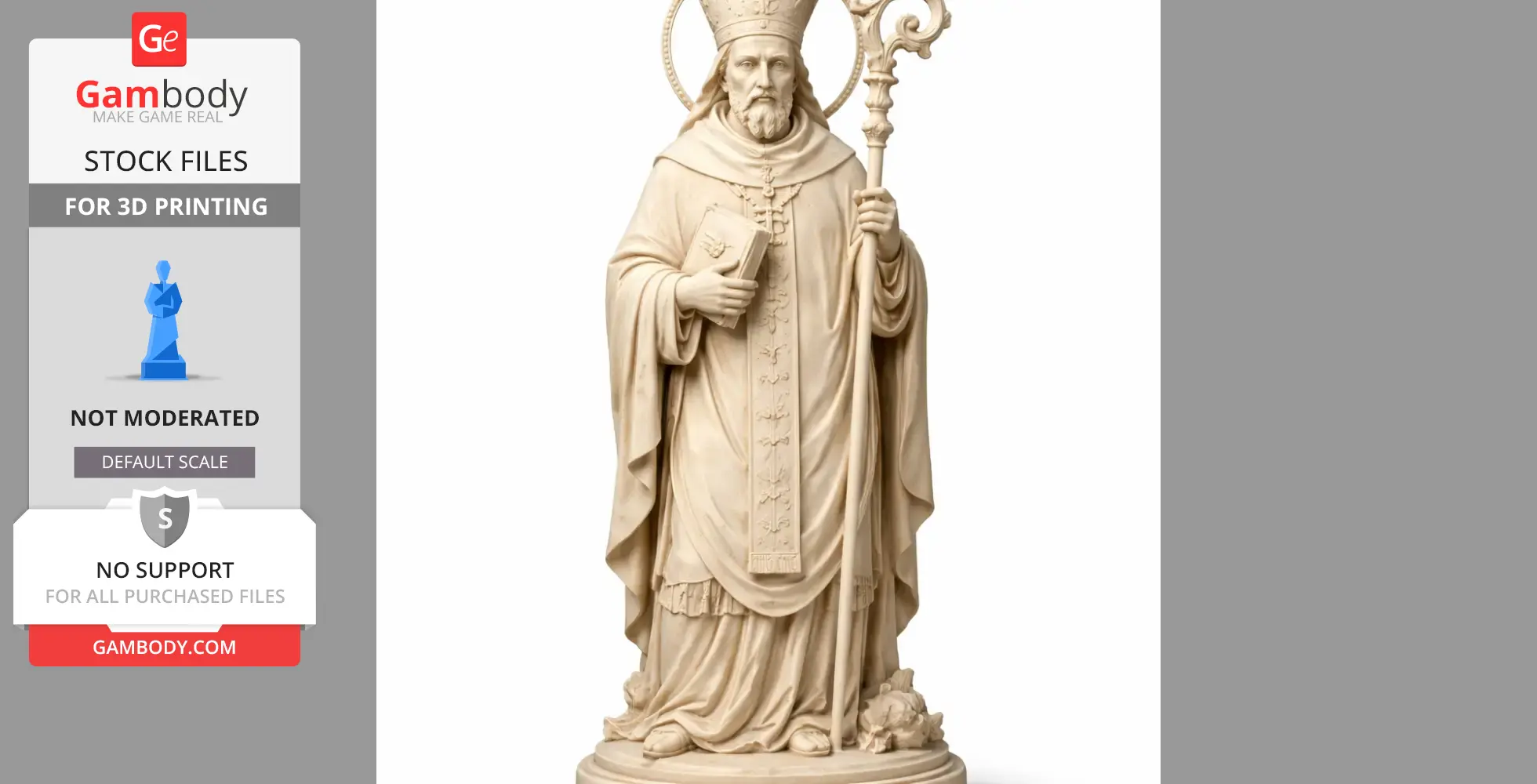 A detailed statue of a bishop holding a crozier and a book, wearing ornate robes and a mitre.