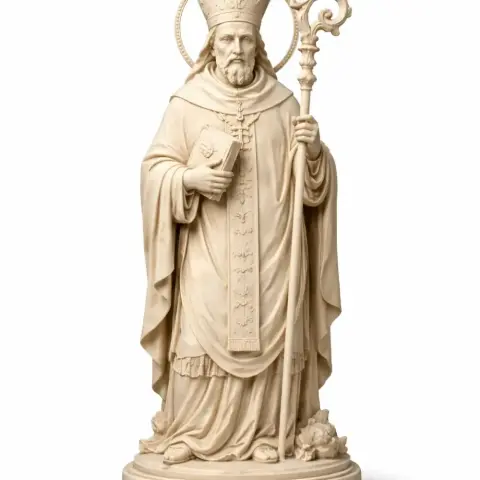 A detailed 3D printable statue of a bishop holding a crozier and a book, wearing ornate robes.
