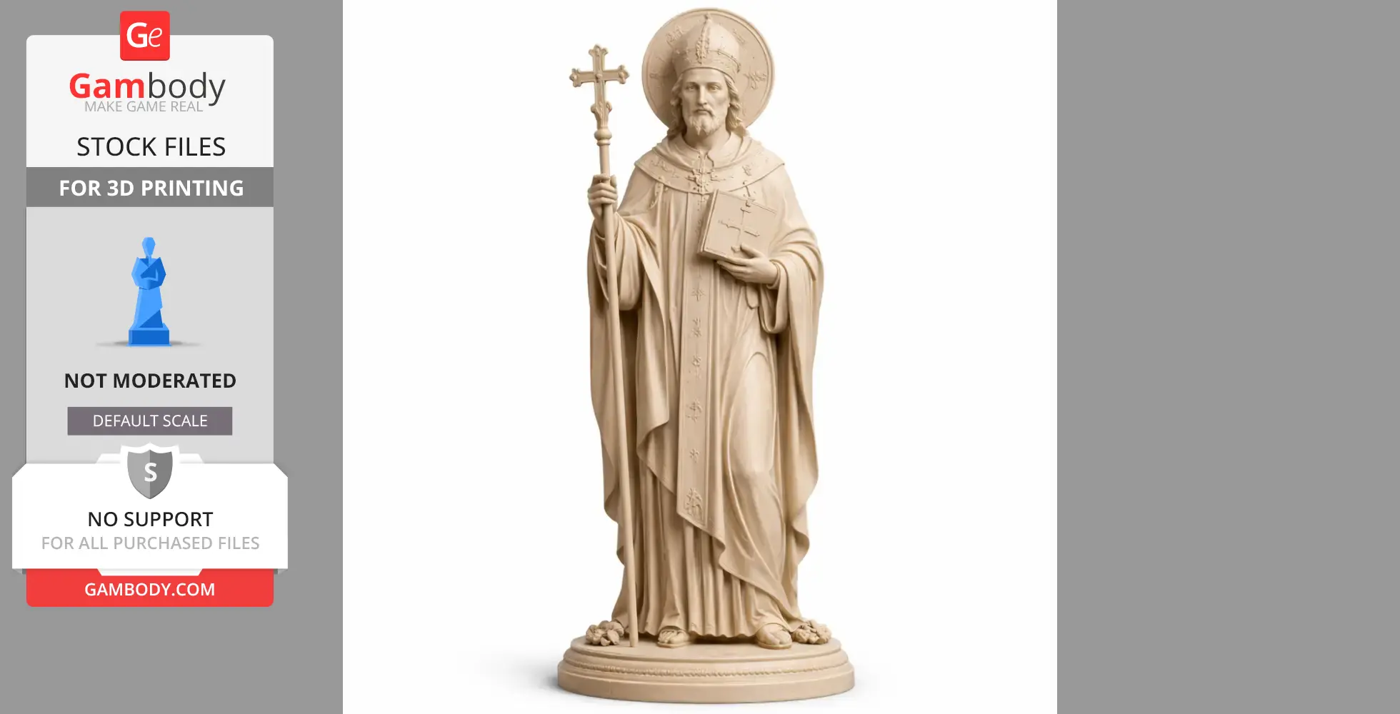 A detailed statue of a saint holding a cross and book, wearing a robe and mitre, set on a round base.